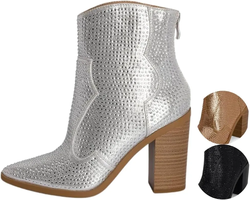 Chariot & Co Wyatt Sparkly Cowgirl Boots for Women – Silver, Gold, Black Western Ankle Booties with Rhinestones – Bedazzled Cowboy Boots 3.25” Heel