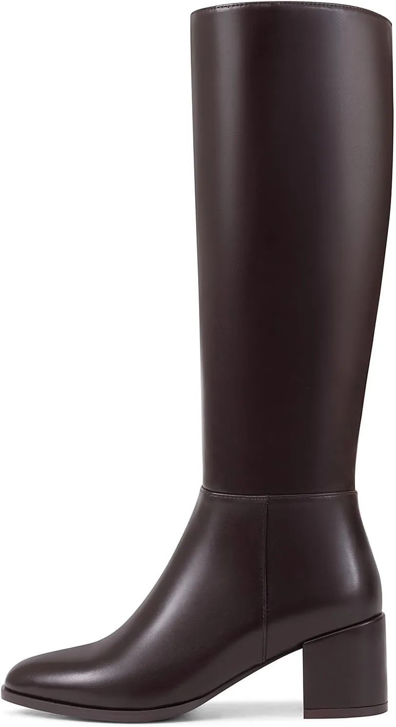 Chunky Heel Knee High Boots for Women with Round Toe Side Zipper Tall Boots