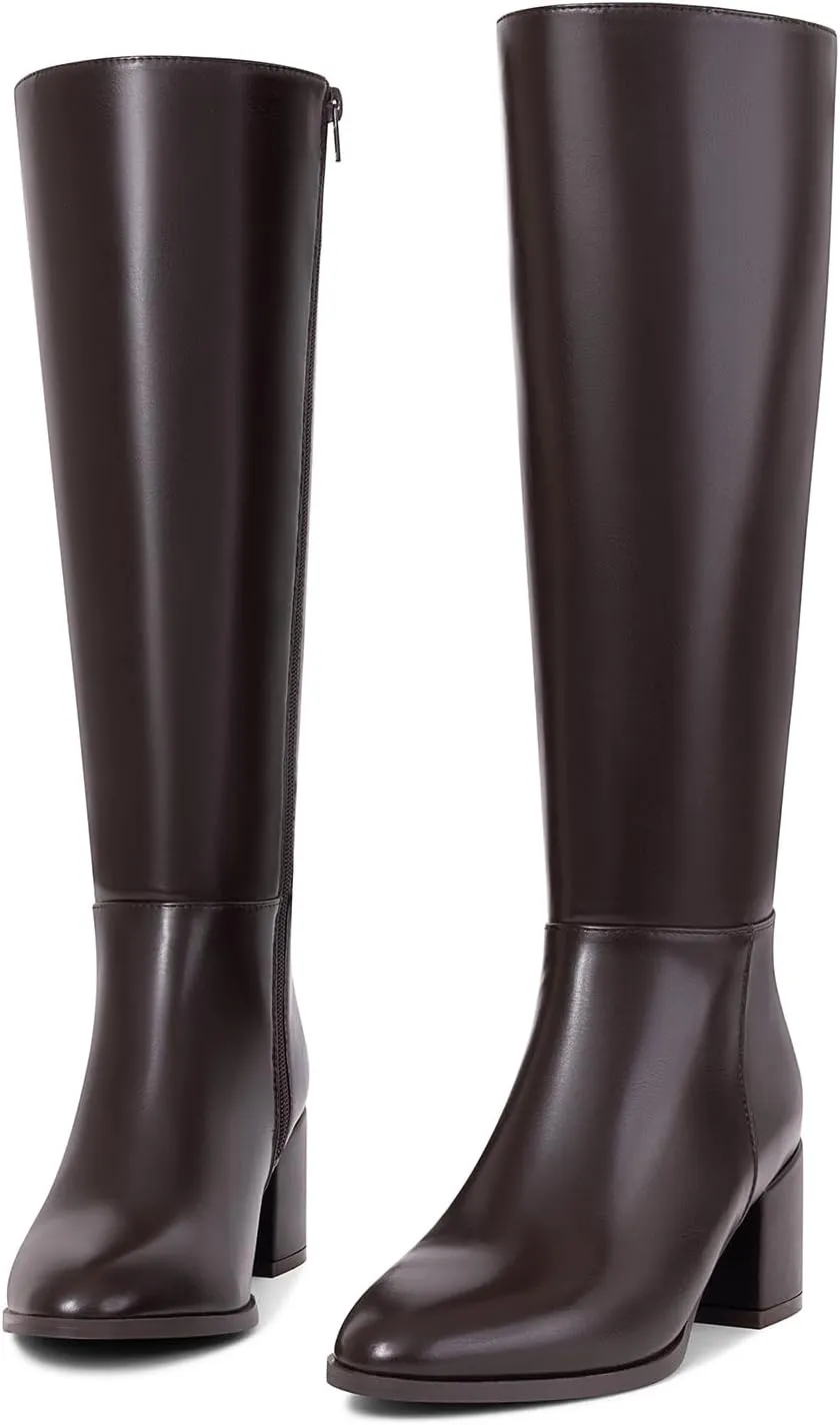 Chunky Heel Knee High Boots for Women with Round Toe Side Zipper Tall Boots