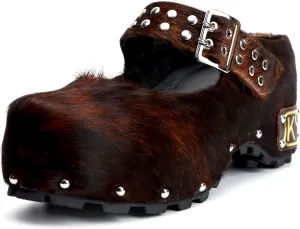 CKS Handmade Women's Mary Jane Platform Studded Clogs with Arch Support for Flat Feet - Rivet-Accented Adjustable Strap, Natural Calf Hair Mules, Leather-Lined Slip-On Vintage Shoes