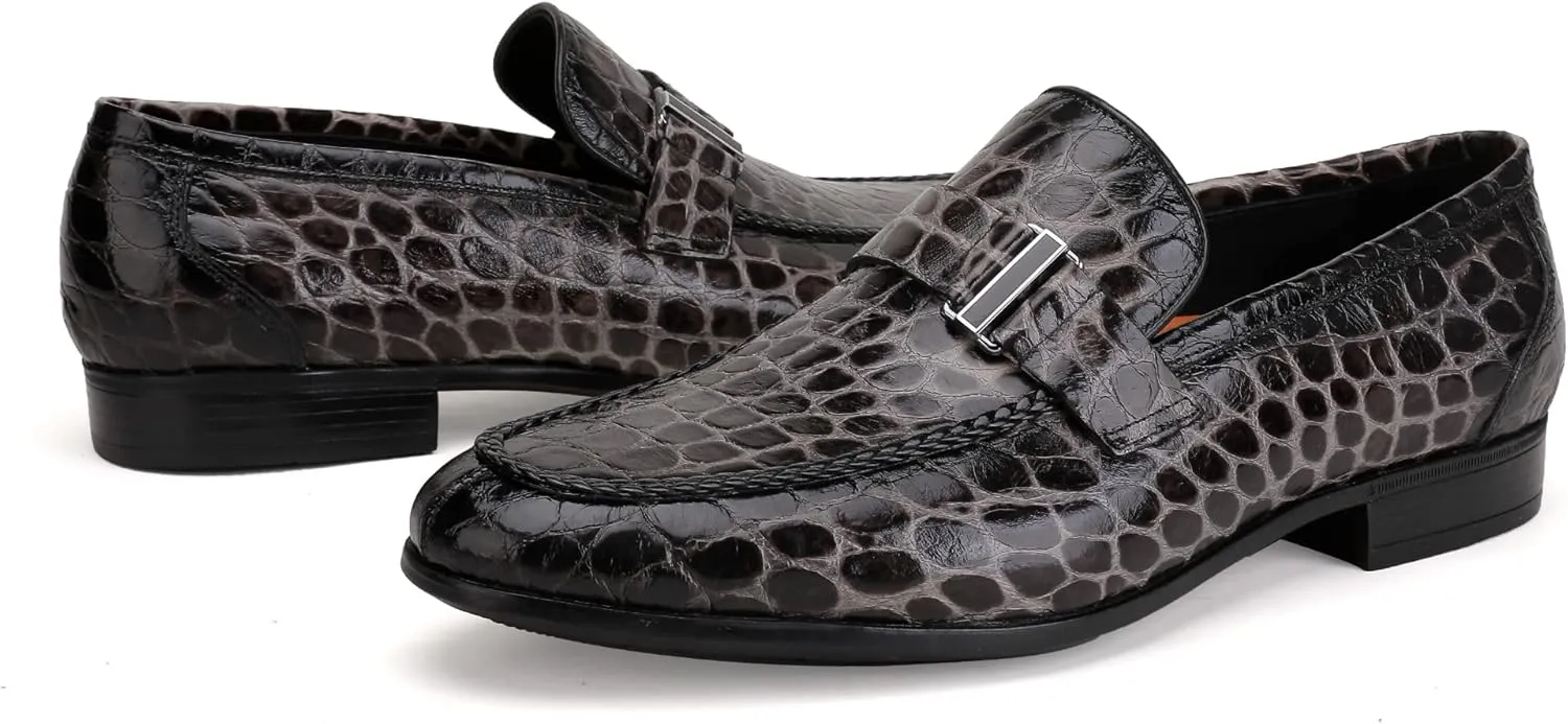 Classic Leather Dress Shoes for Men, Premium Alligator Printed Bussiness Dress Slip on Loafer for Mens