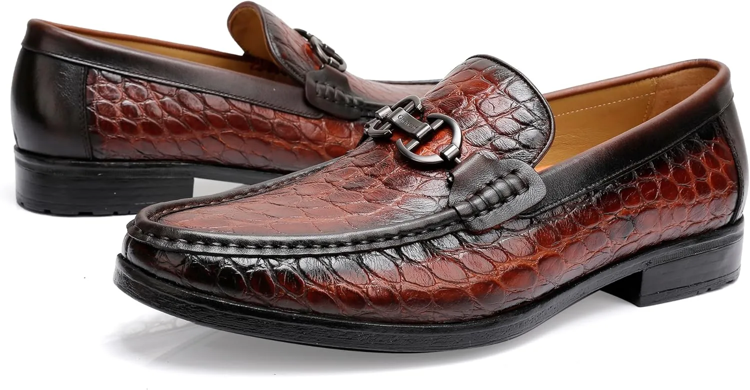 Classical Loafers for Men, Crocodile Pattern Leather Dress Shoes Slip on Loafers Bit Loafers