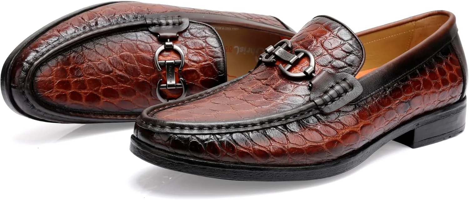 Classical Loafers for Men, Crocodile Pattern Leather Dress Shoes Slip on Loafers Bit Loafers