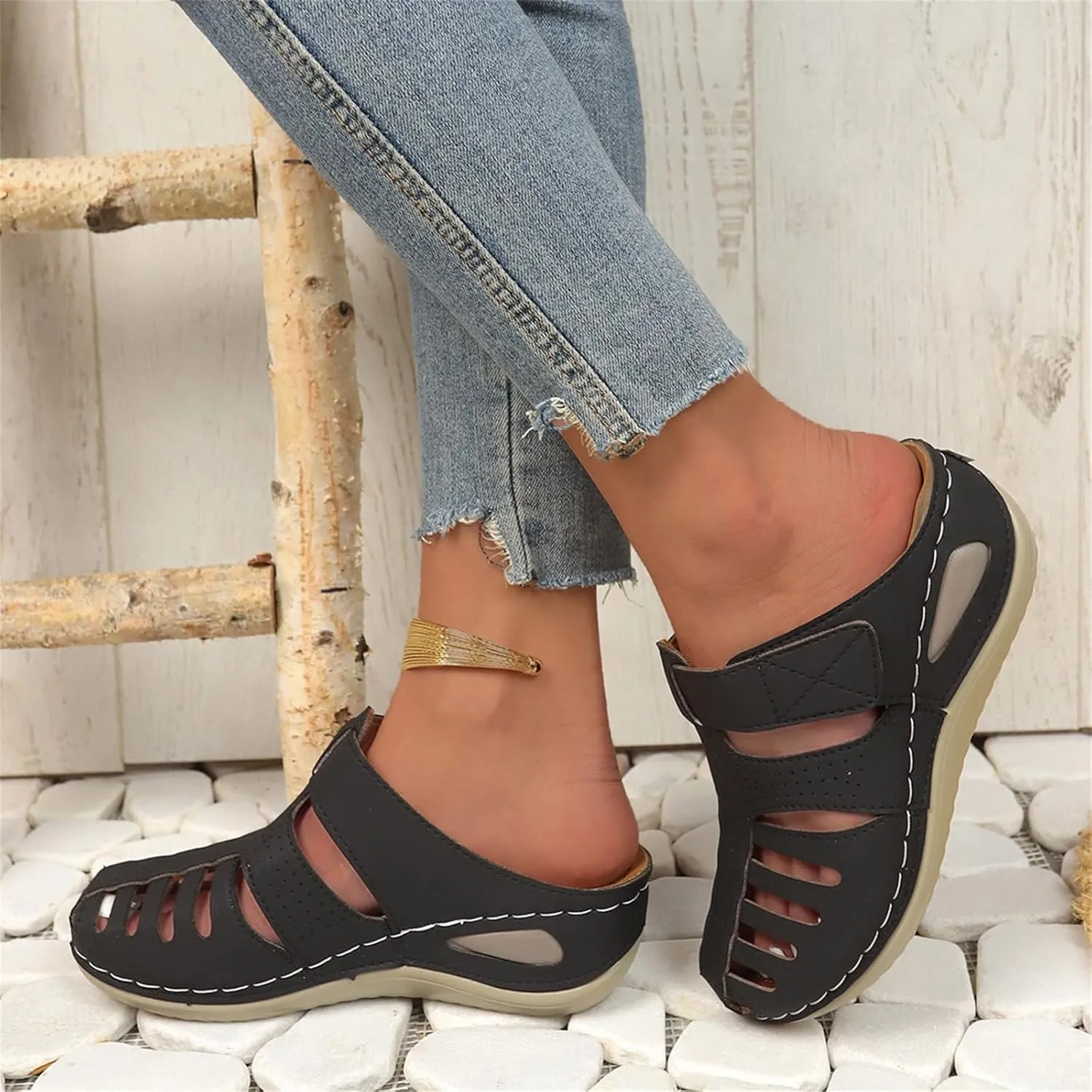 Clogs for Women Mules Shoes Comfortable Dressy Closed Toe Platform Sandals Summer Orthopedic Comfort Casual Adjustable Ankle Strap Hook Loop Bohemia Gladiator Slip On Walking Wedge Slippers