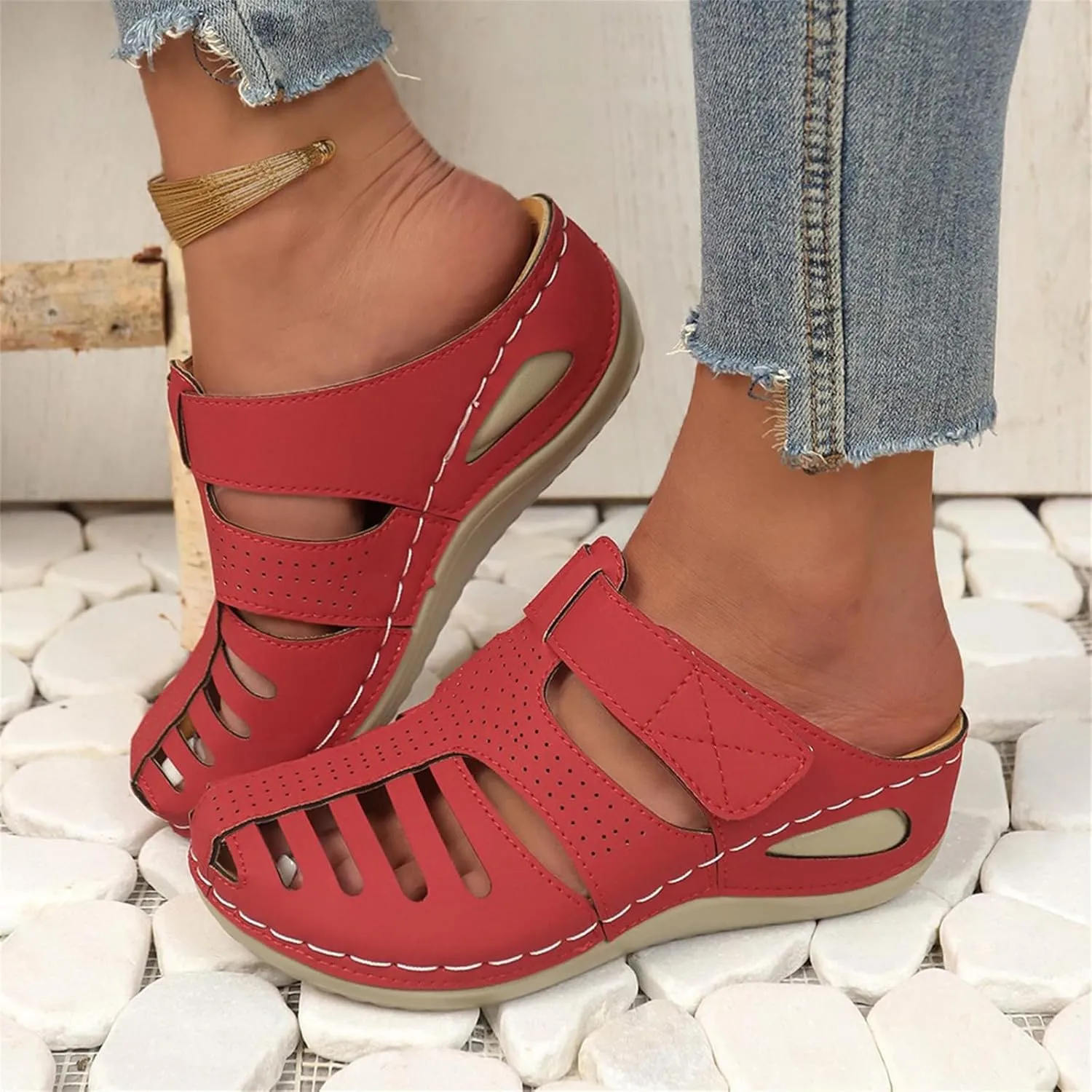 Clogs for Women Mules Shoes Comfortable Dressy Closed Toe Platform Sandals Summer Orthopedic Comfort Casual Adjustable Ankle Strap Hook Loop Bohemia Gladiator Slip On Walking Wedge Slippers