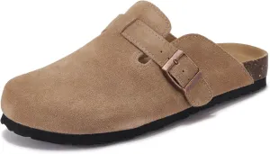 Clogs for Women Suede Leather Mules Cork Footbed Shoes with Arch Support Non Slip Platform Open Toe Slippers for Men