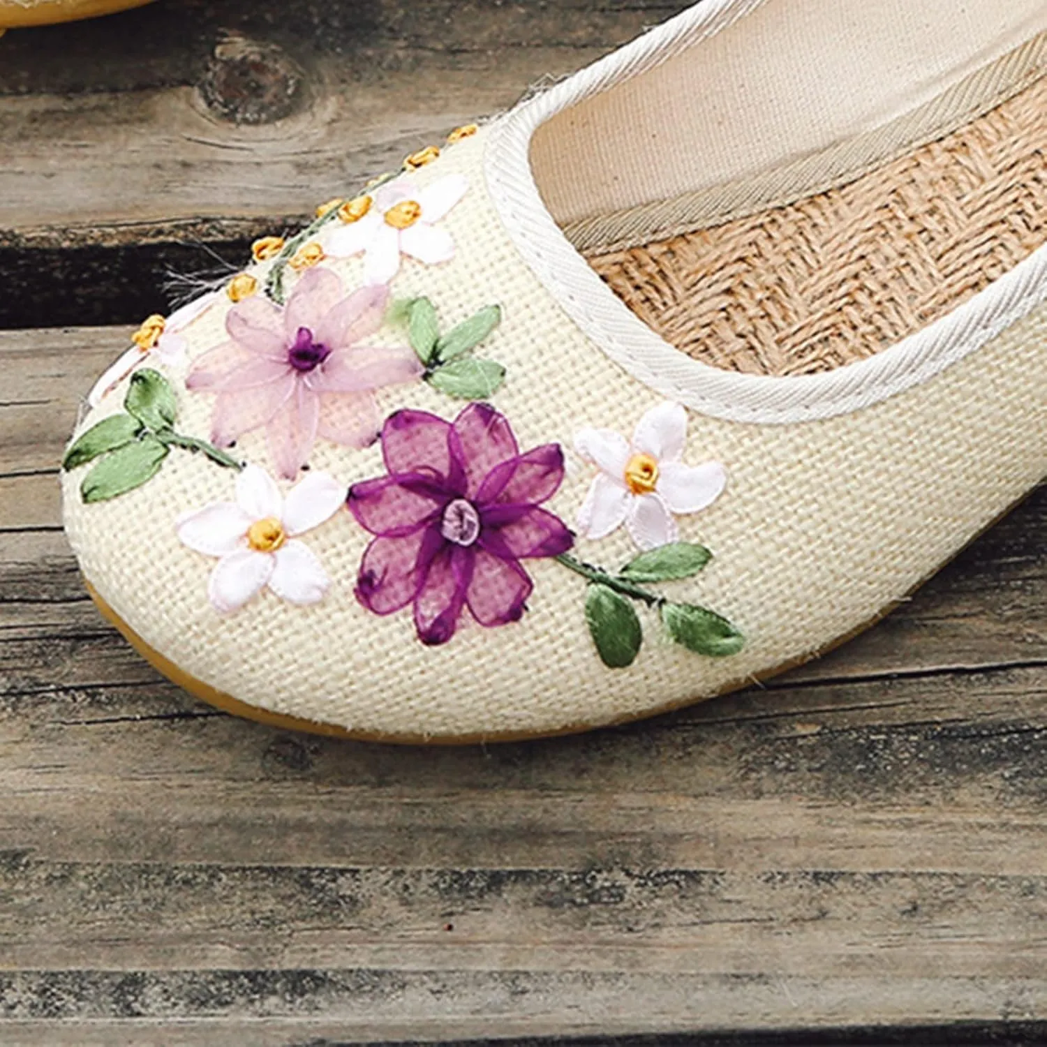 Cloth Shoes Women's Single Shoes Ribbon Linen Breathable Embroidery Women's Single Ballet Flat Shoes for Women Size 11