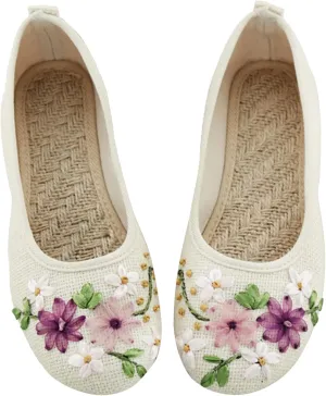 Cloth Shoes Women's Single Shoes Ribbon Linen Breathable Embroidery Women's Single Ballet Flat Shoes for Women Size 11