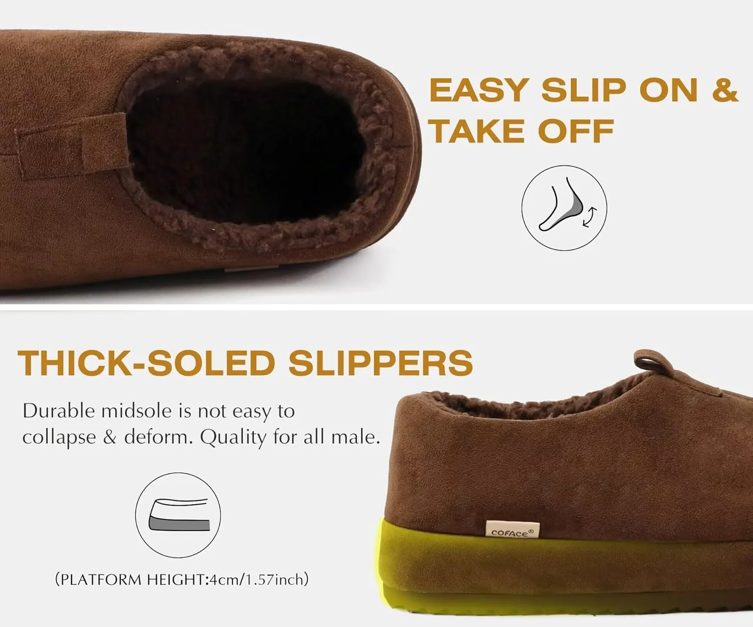 COFACE Men's Clog Slippers Cozy Thick Cushion Memory Foam Indoor Outdoor Lightweight Warm Sherpa Lining House Shoes For Man With Arch Support Rubber Hard Sole