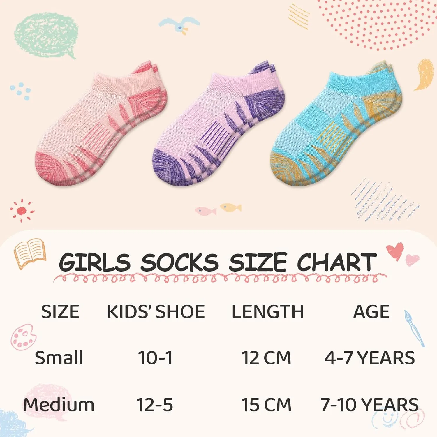 Comfoex Girls Socks 12 Pairs Ankle Breathable Athletic Mesh Cotton Sports Socks For Little Big Kids 4-6 6-8 8-10 Years Old