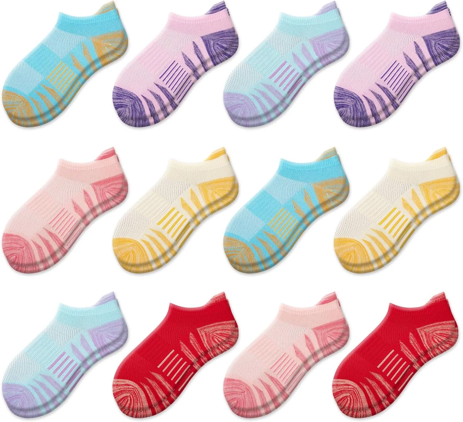 Comfoex Girls Socks 12 Pairs Ankle Breathable Athletic Mesh Cotton Sports Socks For Little Big Kids 4-6 6-8 8-10 Years Old