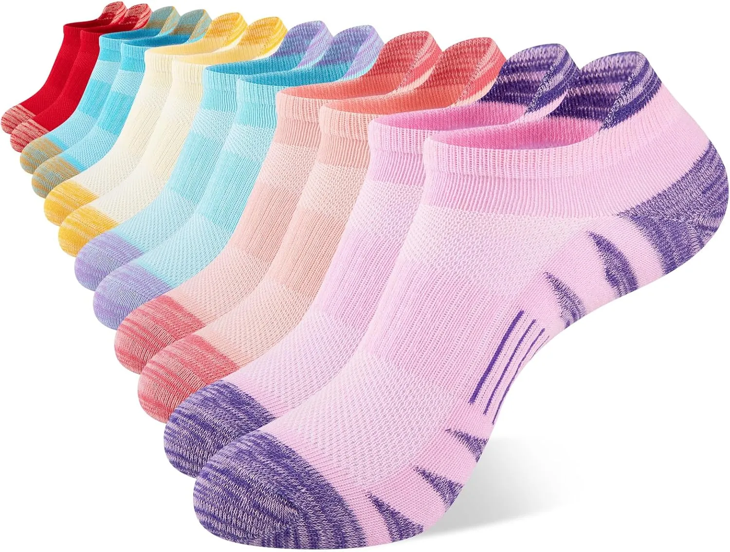 Comfoex Girls Socks 12 Pairs Ankle Breathable Athletic Mesh Cotton Sports Socks For Little Big Kids 4-6 6-8 8-10 Years Old