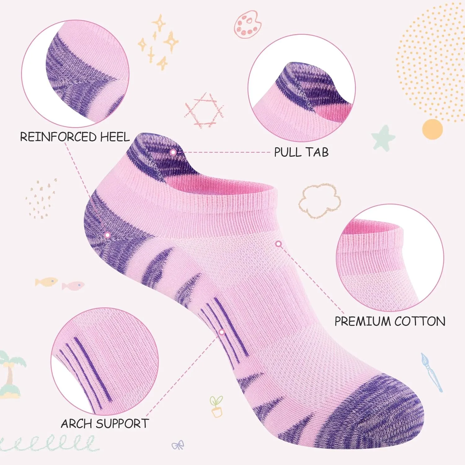 Comfoex Girls Socks 12 Pairs Ankle Breathable Athletic Mesh Cotton Sports Socks For Little Big Kids 4-6 6-8 8-10 Years Old