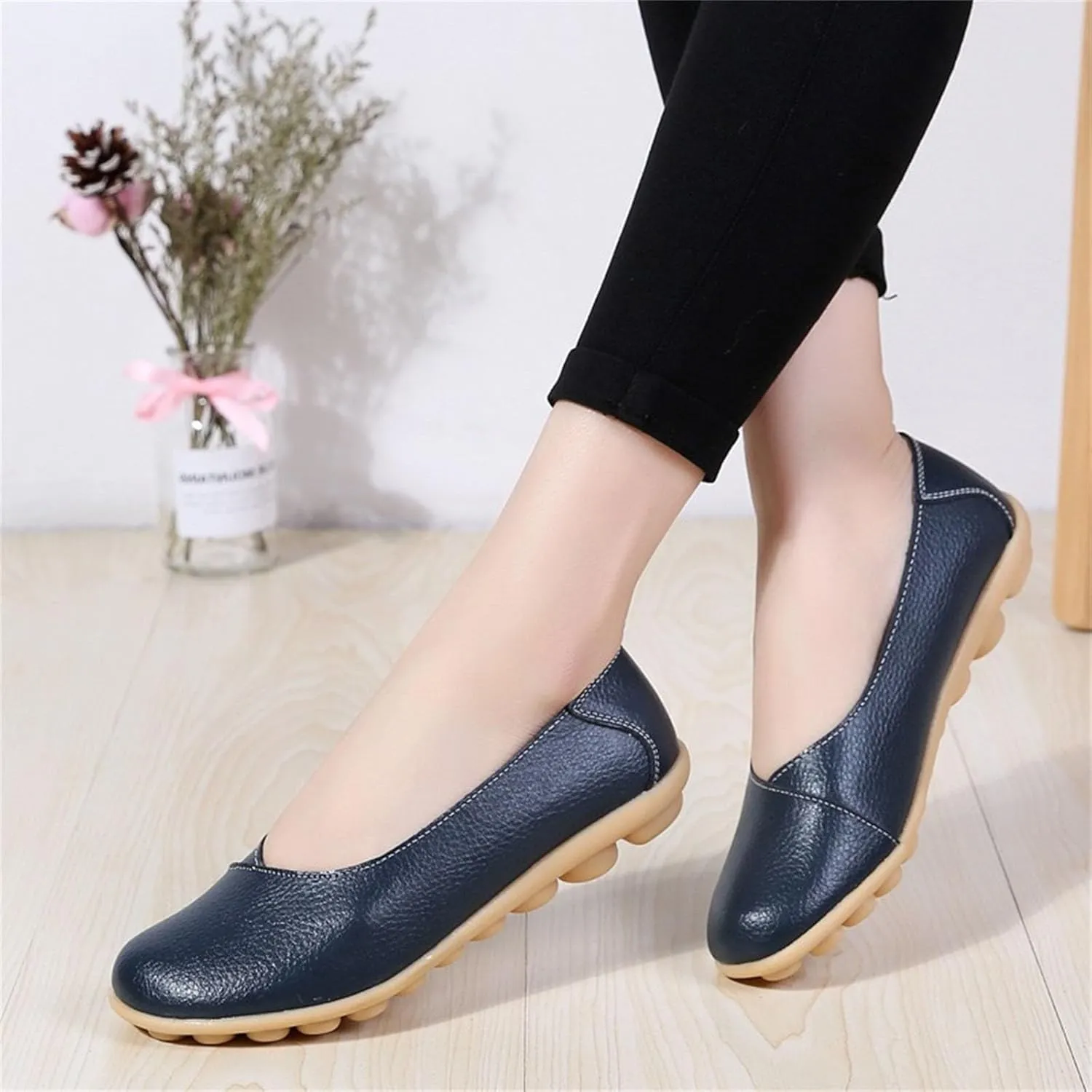 Comfortable Leather Shoes for Women Solid Non Slip 女式平底鞋 Shoes Soft Walking Driving Business Casual Elevator