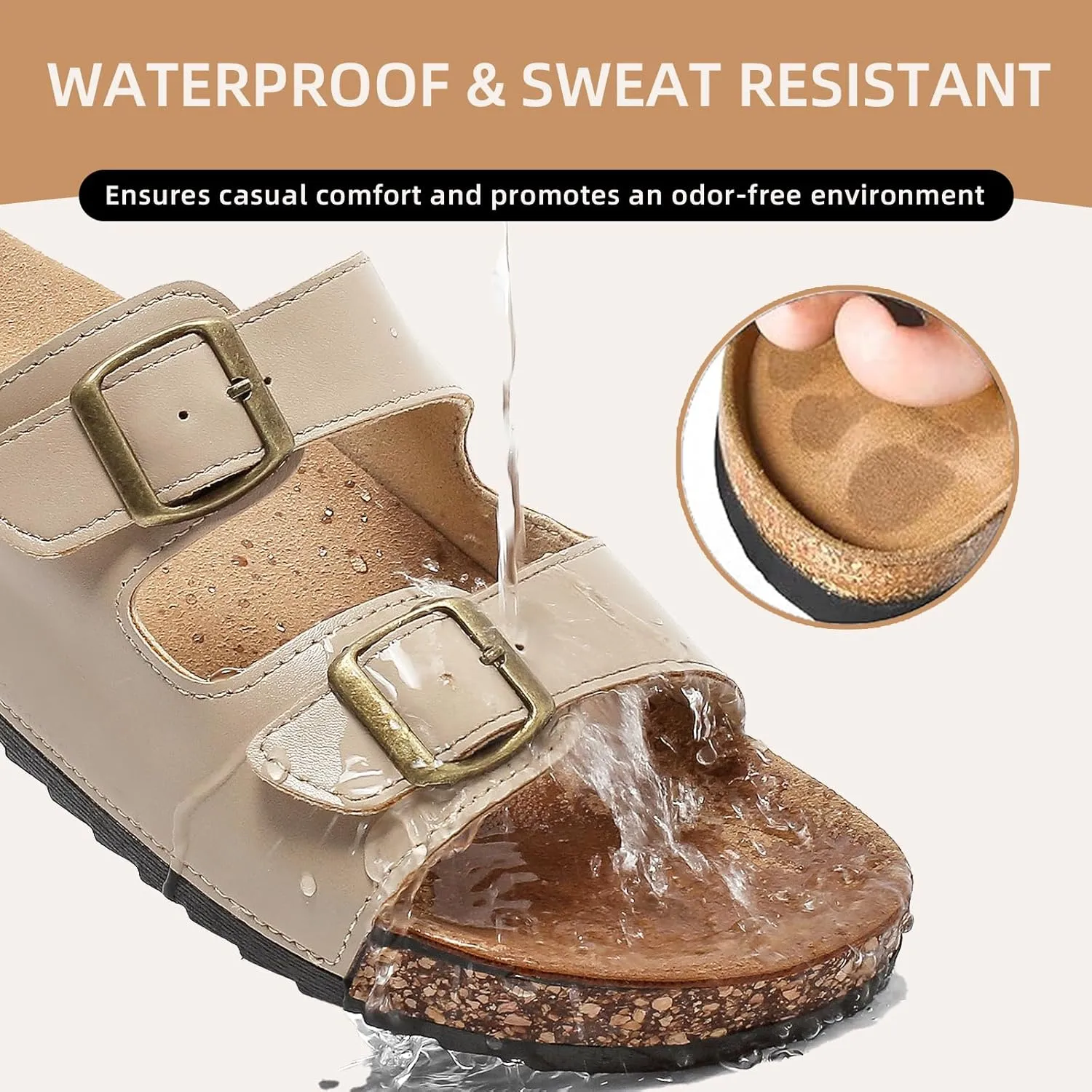 Cork Footbed Sandals Women Men, Arch Support Summer Beach Slide Slip On Slippers with Adjustable Buckle Outdoor Indoor