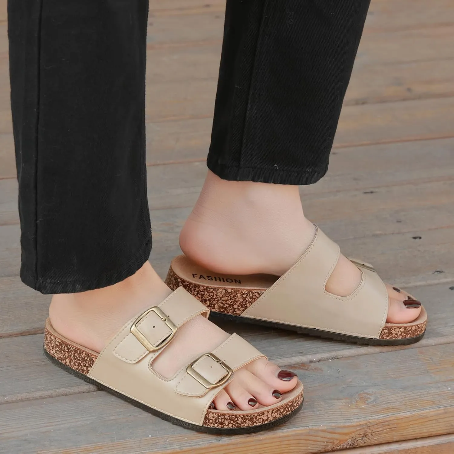 Cork Footbed Sandals Women Men, Arch Support Summer Beach Slide Slip On Slippers with Adjustable Buckle Outdoor Indoor