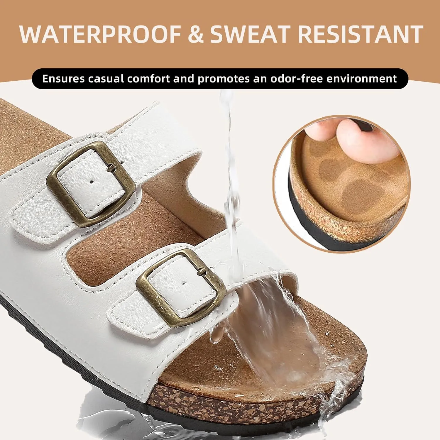 Cork Footbed Sandals Women Men, Arch Support Summer Beach Slide Slip On Slippers with Adjustable Buckle Outdoor Indoor
