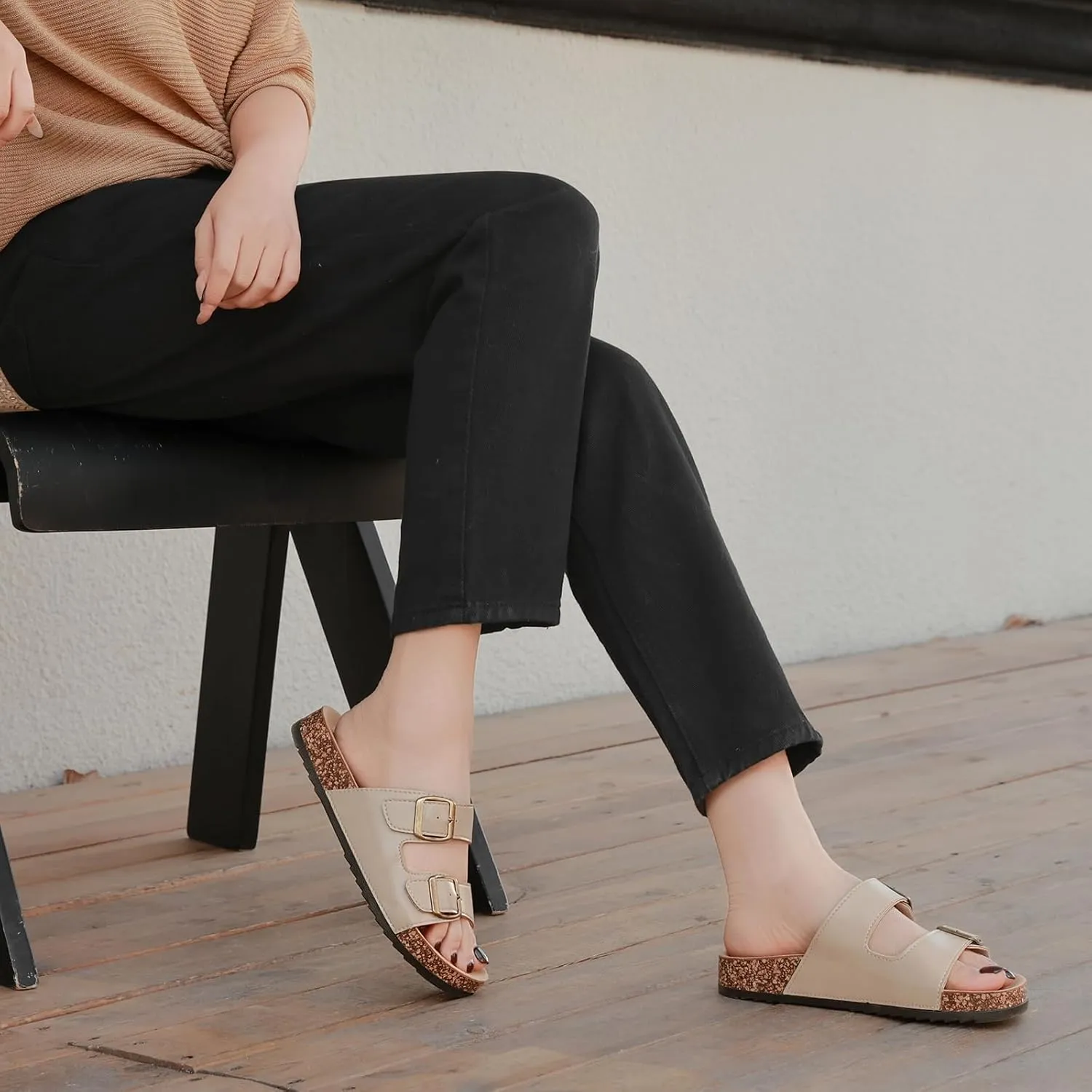 Cork Footbed Sandals Women Men, Arch Support Summer Beach Slide Slip On Slippers with Adjustable Buckle Outdoor Indoor