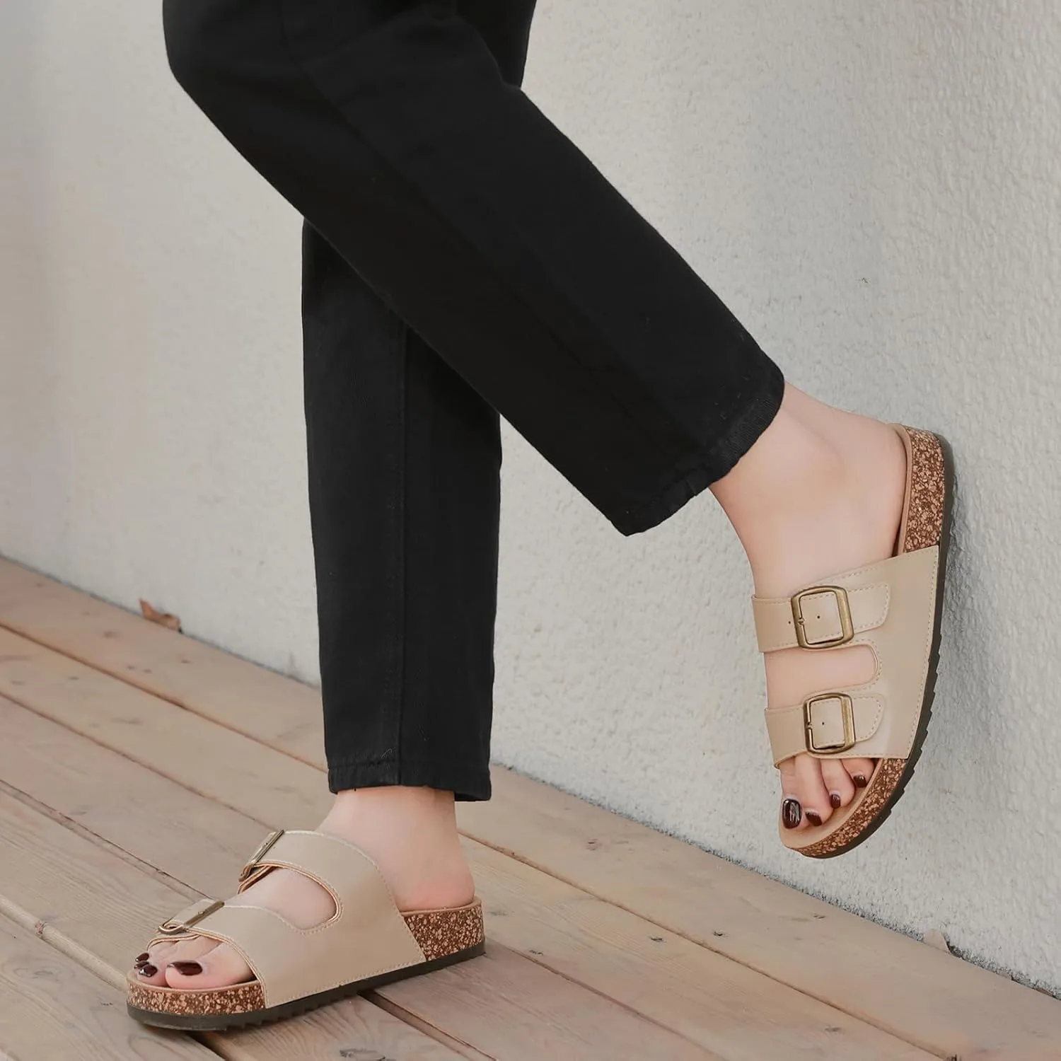 Cork Footbed Sandals Women Men, Arch Support Summer Beach Slide Slip On Slippers with Adjustable Buckle Outdoor Indoor