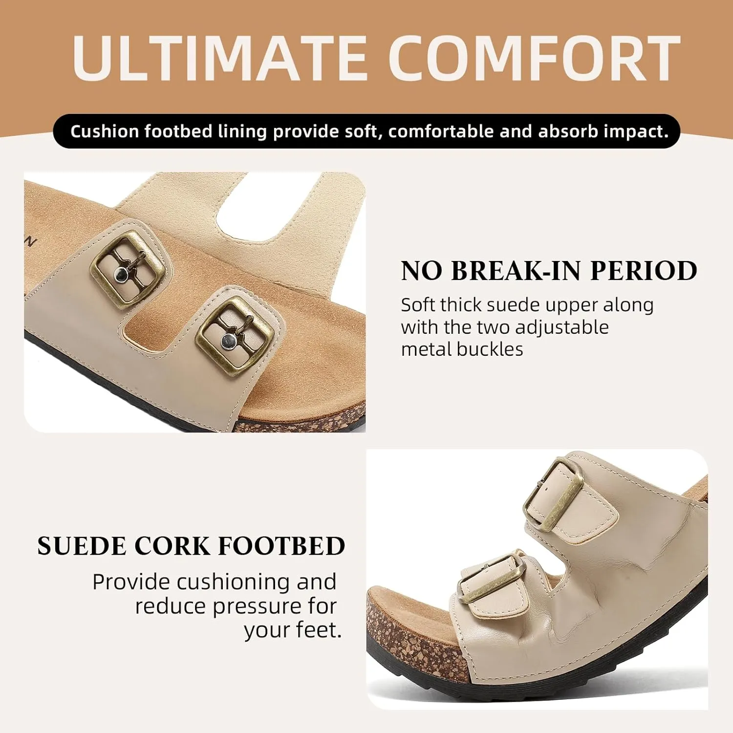 Cork Footbed Sandals Women Men, Arch Support Summer Beach Slide Slip On Slippers with Adjustable Buckle Outdoor Indoor