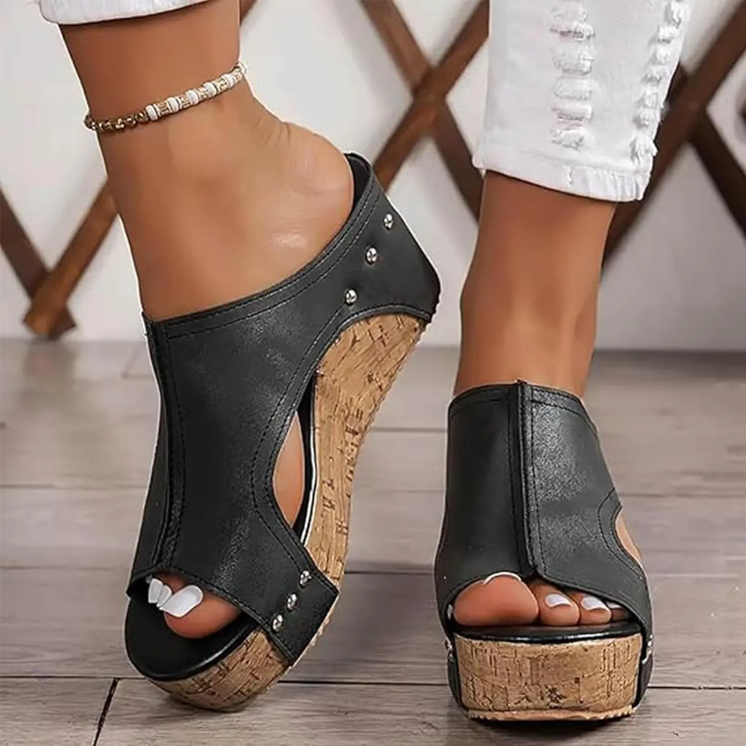 Cork Wedges & Platform Slides, Womens Comfy Wedge Orthopedic Sandals Summer Platform Cork Wedges