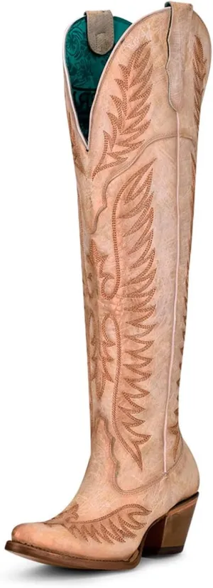 CORRAL Women's Embroidery Tall Top Urban Outdoor Western Cowgirl Style Above-the-Knee Pointed J Toe Cowhide Leather Boots