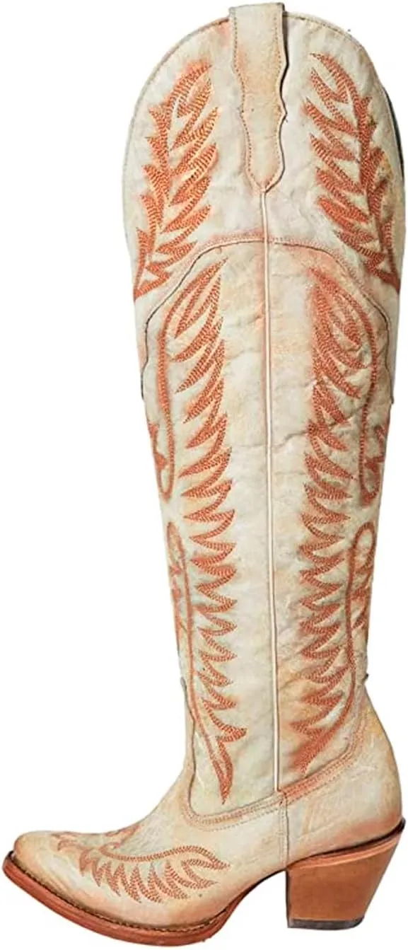 CORRAL Women's Embroidery Tall Top Urban Outdoor Western Cowgirl Style Above-the-Knee Pointed J Toe Cowhide Leather Boots