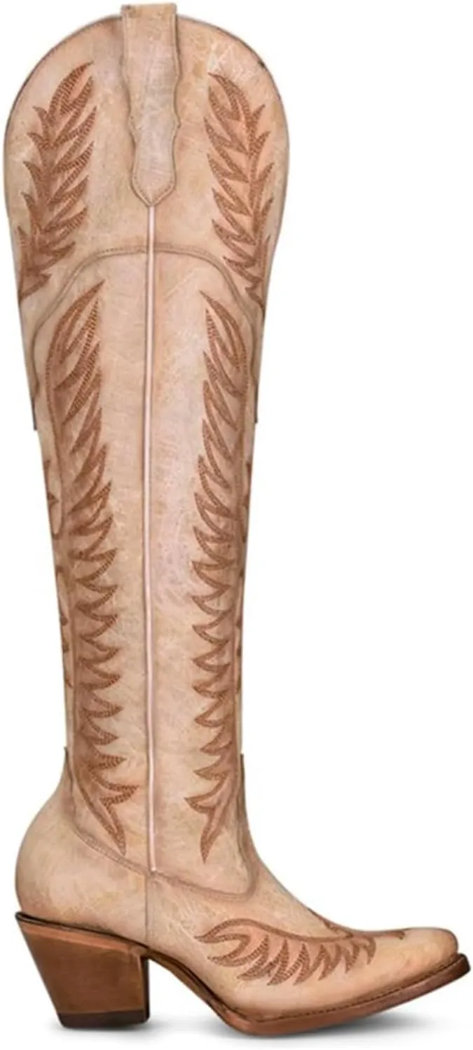 CORRAL Women's Embroidery Tall Top Urban Outdoor Western Cowgirl Style Above-the-Knee Pointed J Toe Cowhide Leather Boots