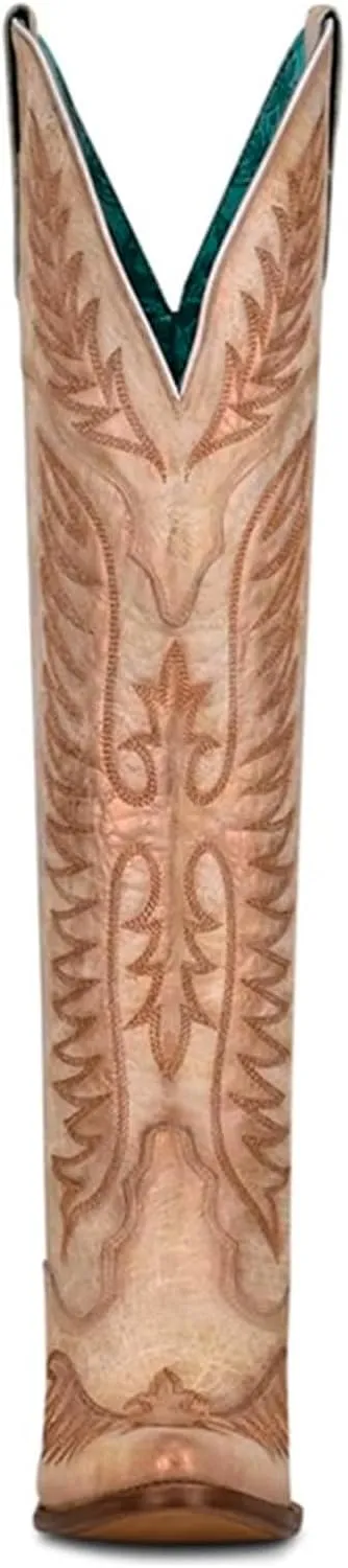 CORRAL Women's Embroidery Tall Top Urban Outdoor Western Cowgirl Style Above-the-Knee Pointed J Toe Cowhide Leather Boots