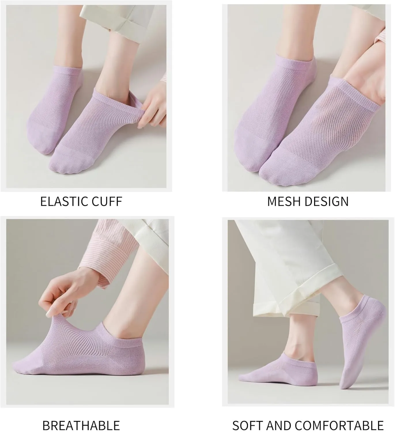 Cotton No Show Socks for Unisex - 8 Pairs Low Cut Ankle Sock with Non Slip Grips, Breathable for Sneakers, Loafers