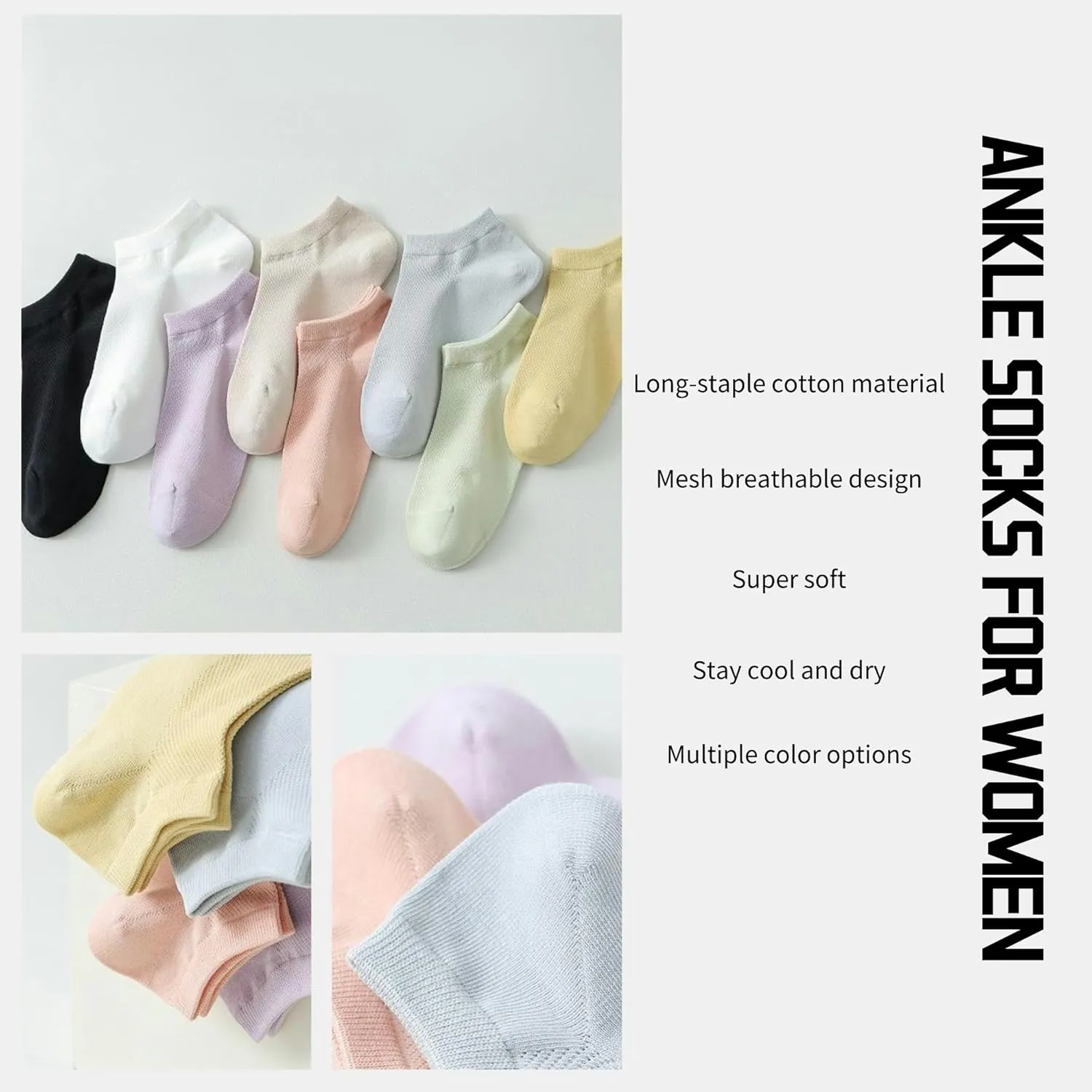 Cotton No Show Socks for Unisex - 8 Pairs Low Cut Ankle Sock with Non Slip Grips, Breathable for Sneakers, Loafers