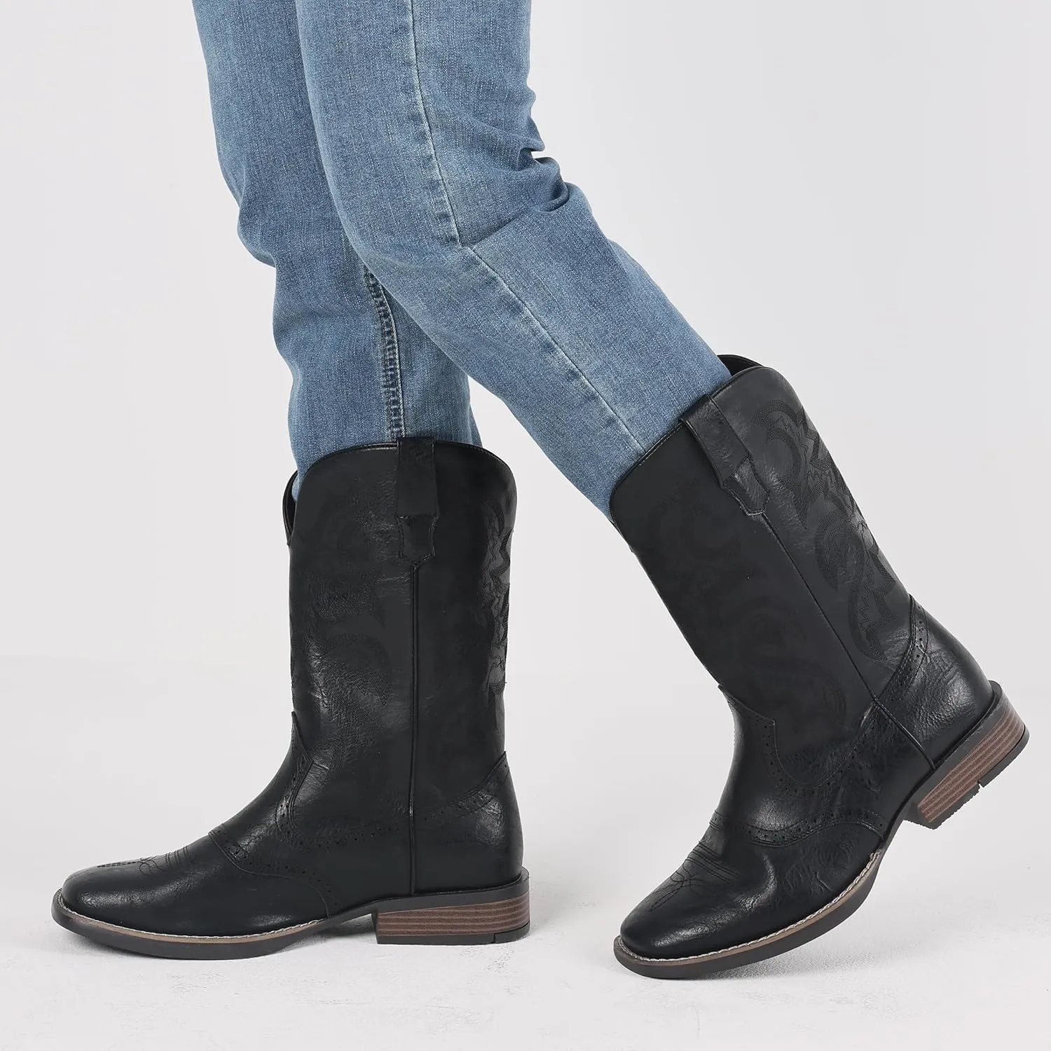 Cowboy Boots for Men Square Toe Western Boots Embroidered Pull On Slip Resistant Work Boots For Men Country Traditional Boots