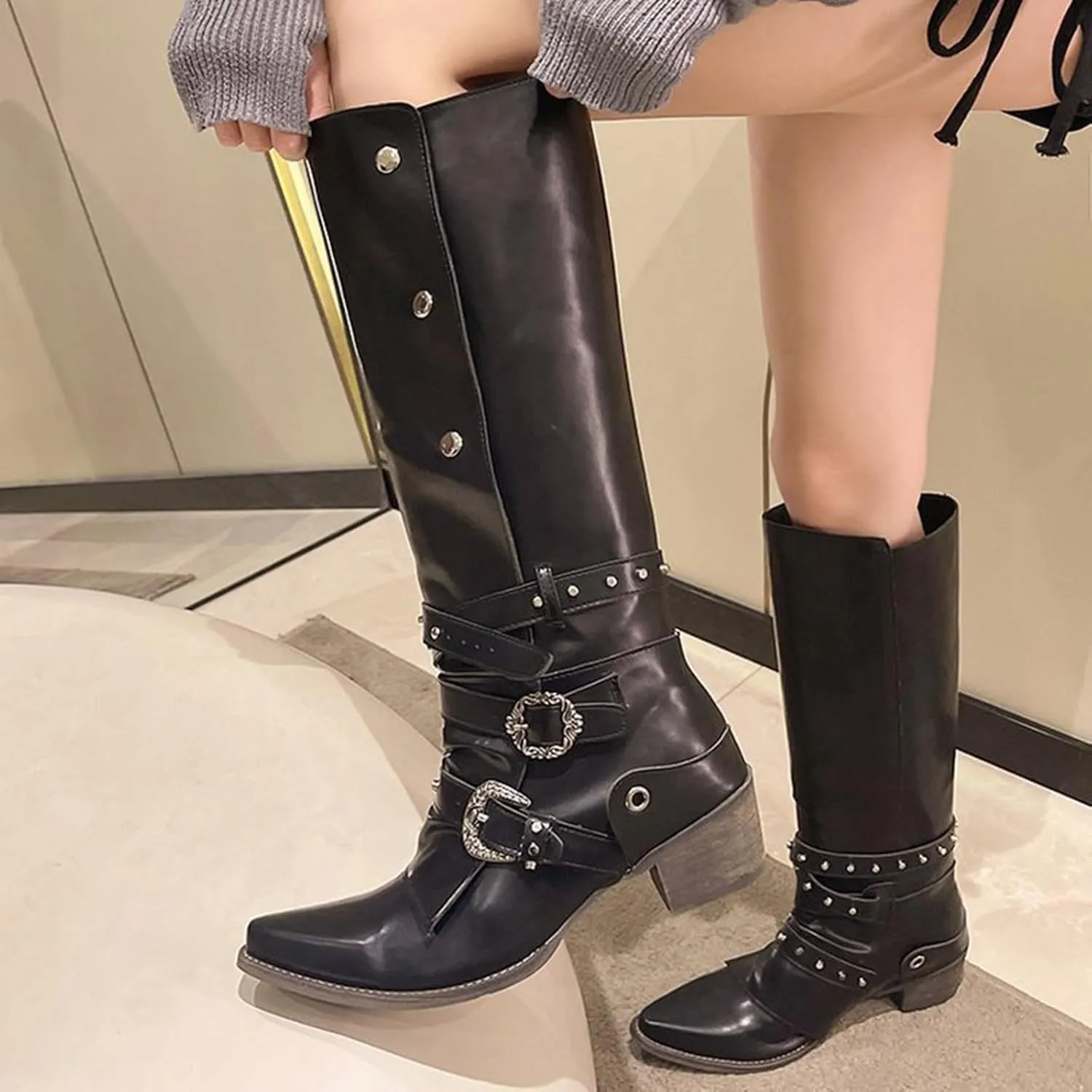 Cowboy Boots for Women Fall and Winter Fashion Pointed Toe Low Heel Leather Cowboy Boots Buckle Drill Knee Boots