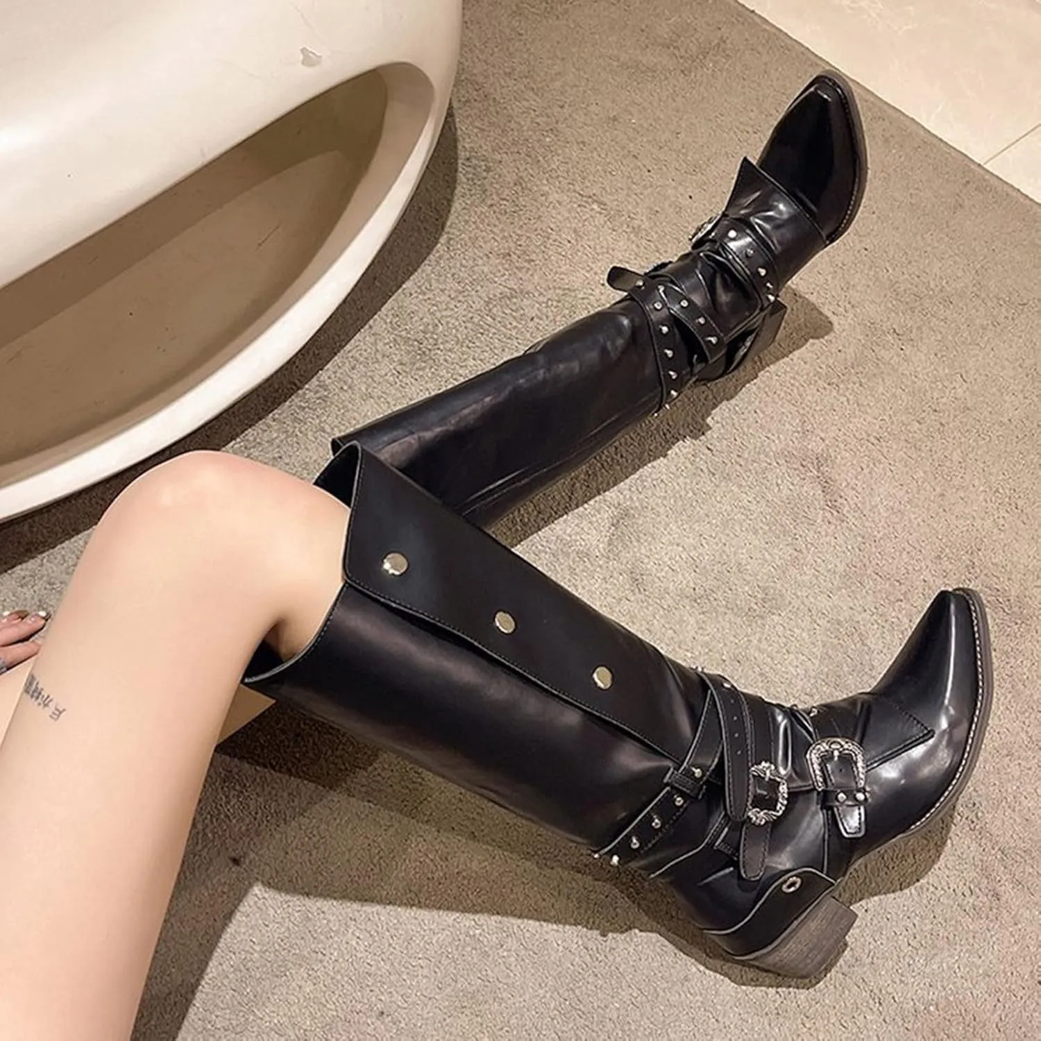 Cowboy Boots for Women Fall and Winter Fashion Pointed Toe Low Heel Leather Cowboy Boots Buckle Drill Knee Boots