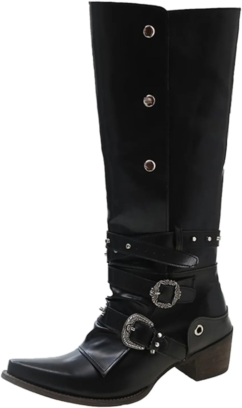Cowboy Boots for Women Fall and Winter Fashion Pointed Toe Low Heel Leather Cowboy Boots Buckle Drill Knee Boots