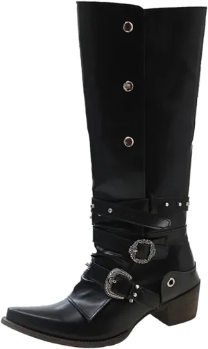 Cowboy Boots for Women Fall and Winter Fashion Pointed Toe Low Heel Leather Cowboy Boots Buckle Drill Knee Boots