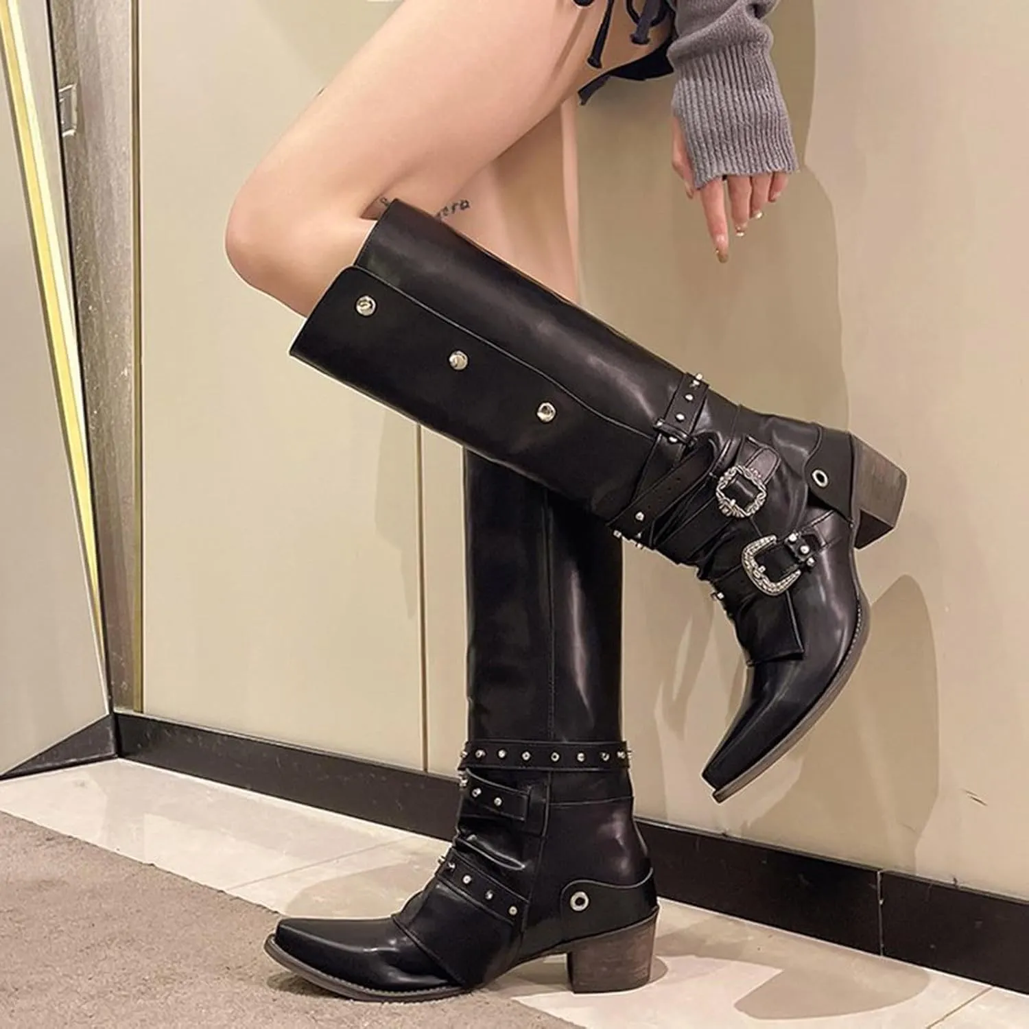 Cowboy Boots for Women Fall and Winter Fashion Pointed Toe Low Heel Leather Cowboy Boots Buckle Drill Knee Boots