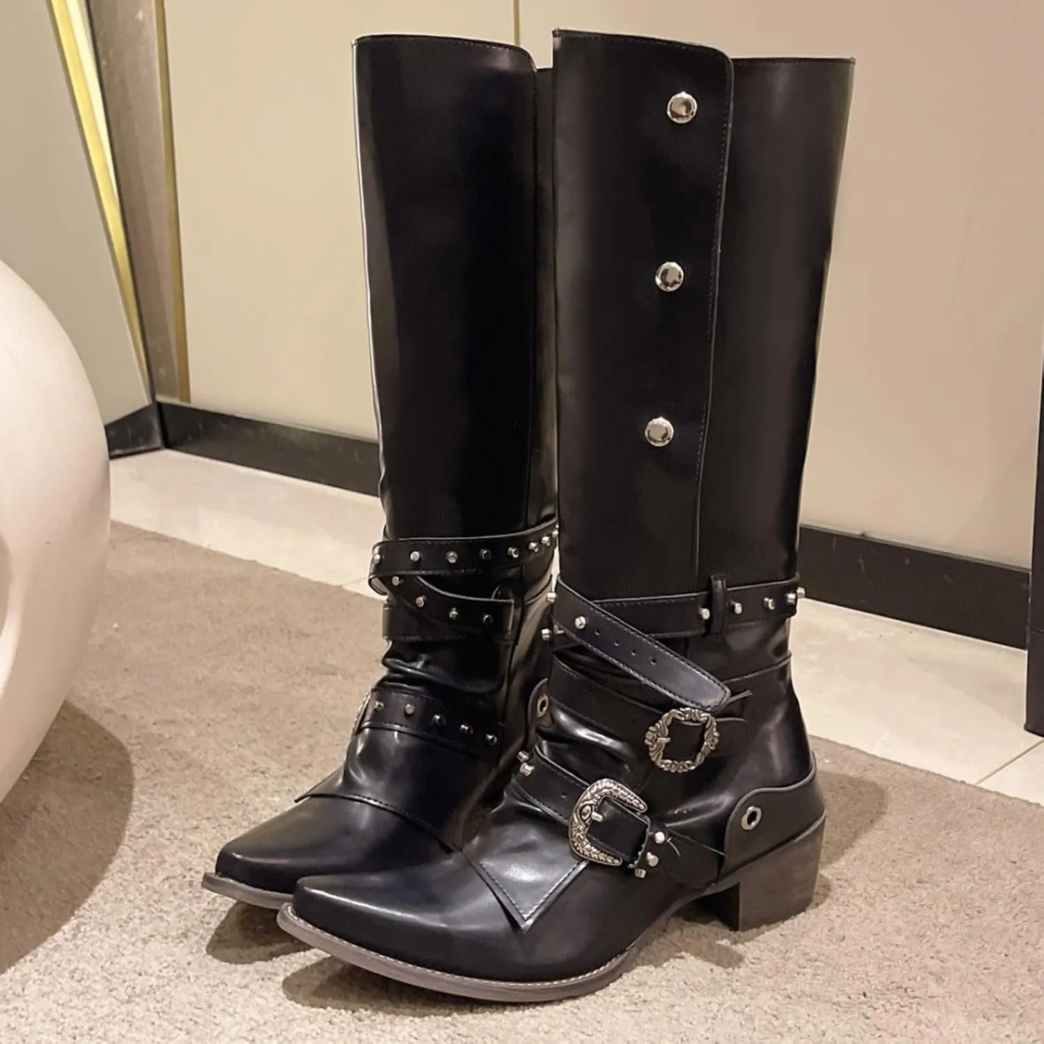 Cowboy Boots for Women Fall and Winter Fashion Pointed Toe Low Heel Leather Cowboy Boots Buckle Drill Knee Boots
