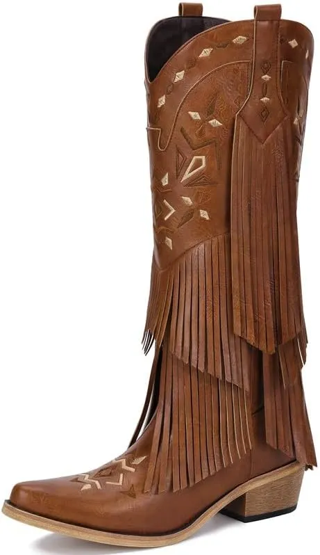 Cowboy Boots for Women - Fringe Knee High Cowgirl Boots with Classic Embroidery, Pointed Toe Pull on Retro Design, Perfect for Western Parties, Weddings and Events