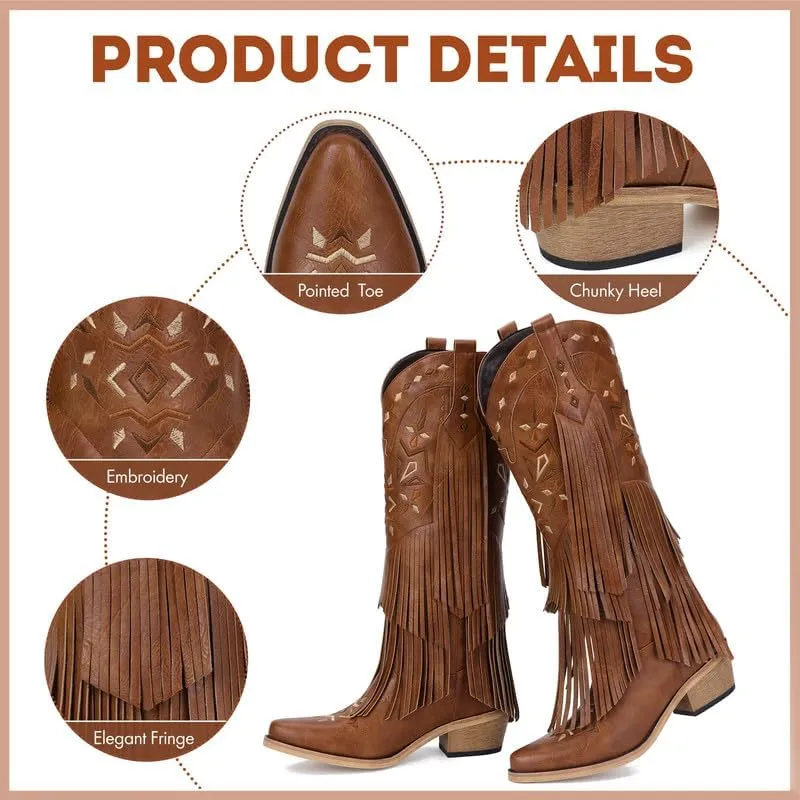 Cowboy Boots for Women - Fringe Knee High Cowgirl Boots with Classic Embroidery, Pointed Toe Pull on Retro Design, Perfect for Western Parties, Weddings and Events