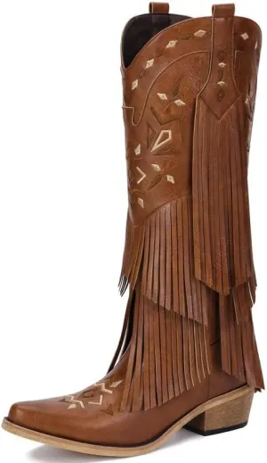 Cowboy Boots for Women - Fringe Knee High Cowgirl Boots with Classic Embroidery, Pointed Toe Pull on Retro Design, Perfect for Western Parties, Weddings and Events