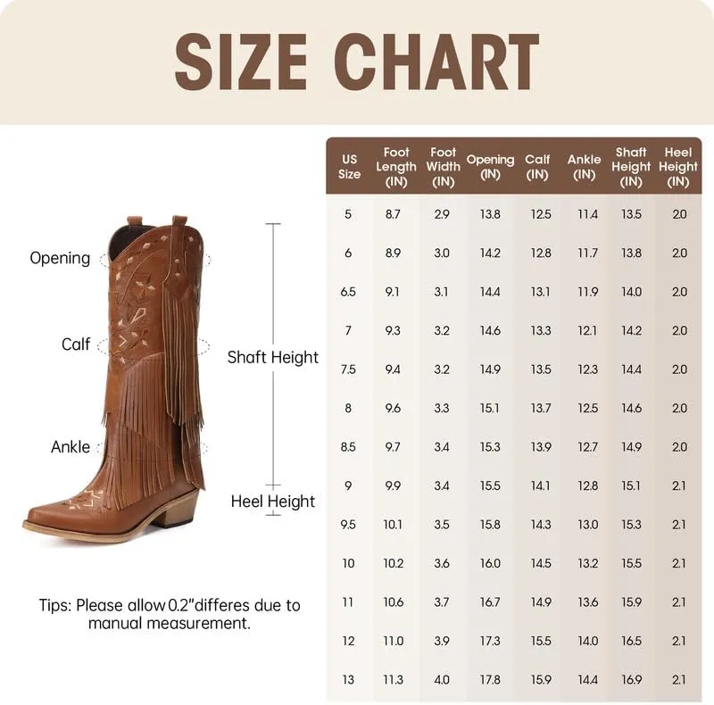 Cowboy Boots for Women - Fringe Knee High Cowgirl Boots with Classic Embroidery, Pointed Toe Pull on Retro Design, Perfect for Western Parties, Weddings and Events