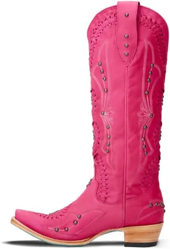 Cowboy Boots for Women, Knee High Western Cowgirl Boots Pointed Toe Chunky Heel Pull on Zipper Fashion Vintage Tall Shoes