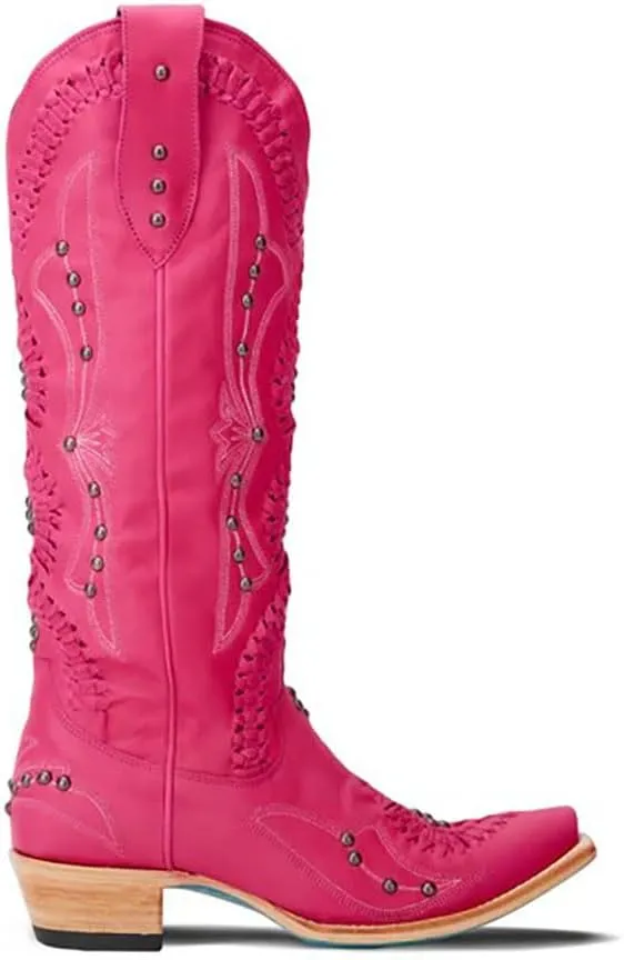 Cowboy Boots for Women, Knee High Western Cowgirl Boots Pointed Toe Chunky Heel Pull on Zipper Fashion Vintage Tall Shoes