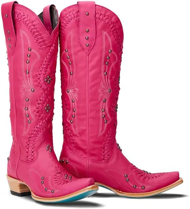 Cowboy Boots for Women, Knee High Western Cowgirl Boots Pointed Toe Chunky Heel Pull on Zipper Fashion Vintage Tall Shoes