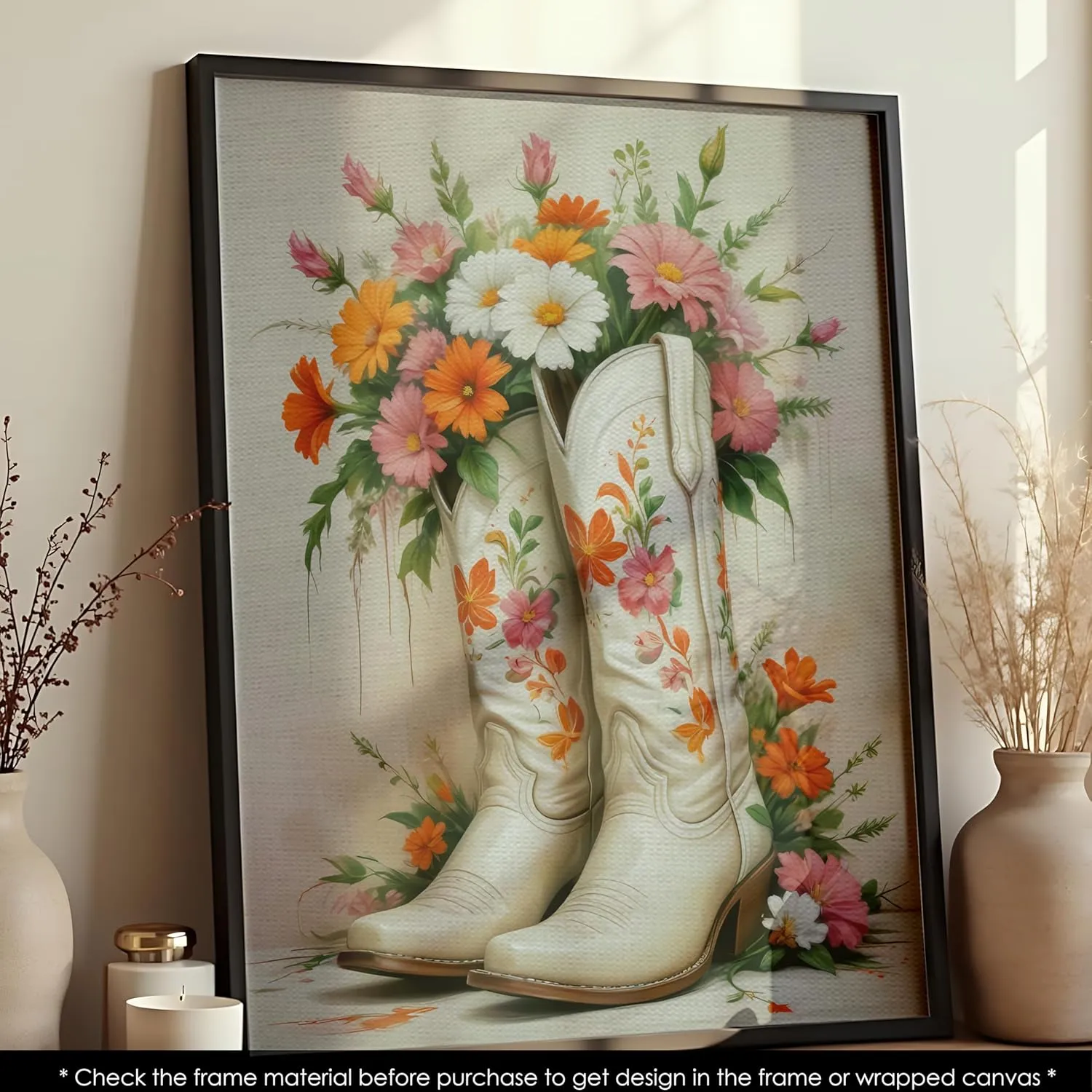Cowgirl Wall Art Print, White Boots Floral Poster, Western Room Decor for Teen Girls, Cowgirl Decor Aesthetic Wall Decor, Country Bedroom Wall Picture (8x10, Wrapped Canvas)