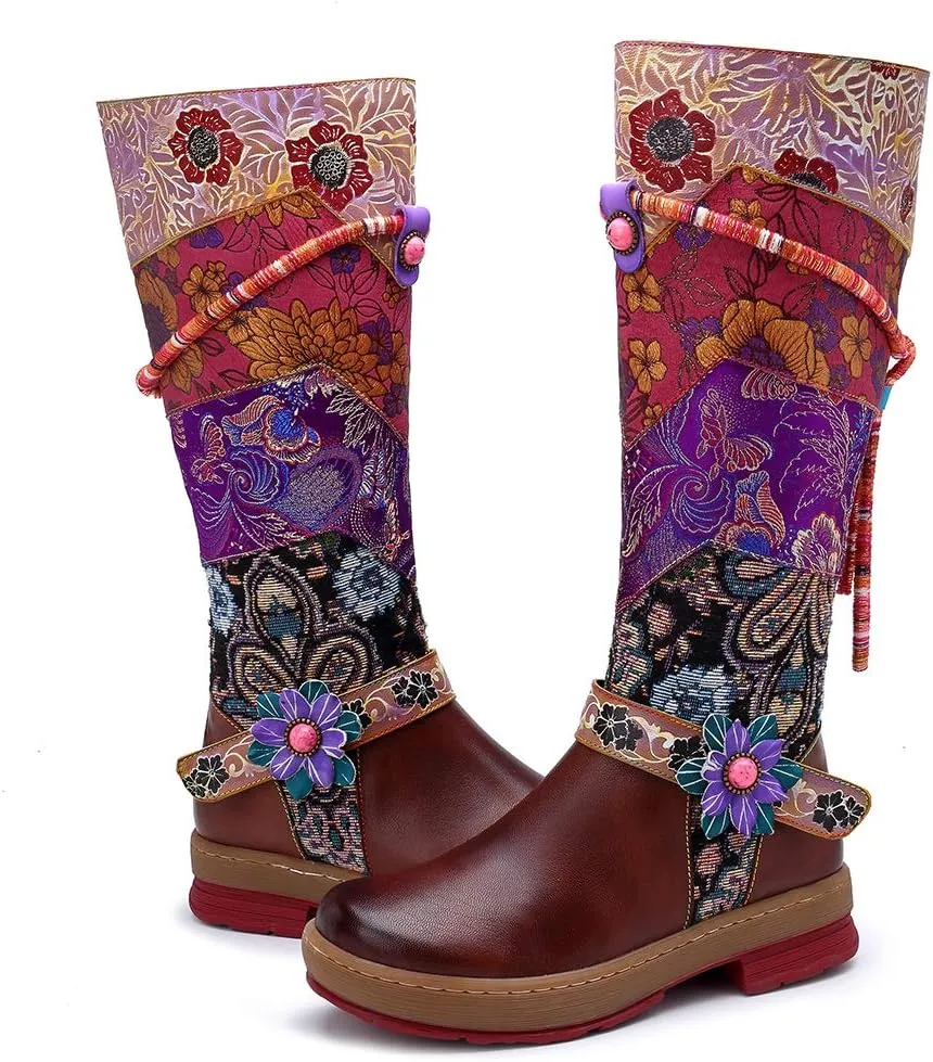 CrazycatZ Womens Leather Bohemian Knee High Boots Block Heel Tall Bootie Exotic Pattern