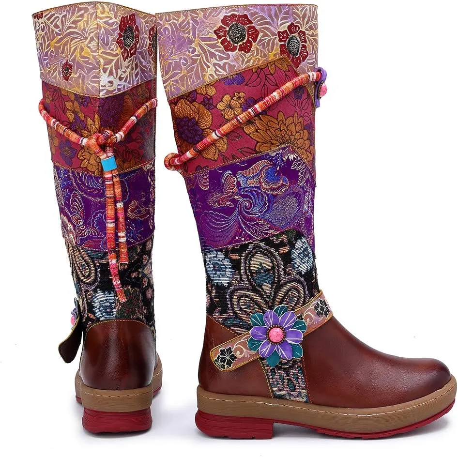 CrazycatZ Womens Leather Bohemian Knee High Boots Block Heel Tall Bootie Exotic Pattern
