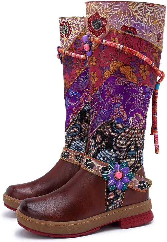 CrazycatZ Womens Leather Bohemian Knee High Boots Block Heel Tall Bootie Exotic Pattern