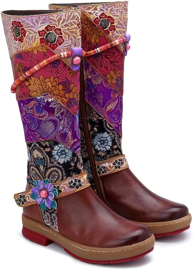 CrazycatZ Womens Leather Bohemian Knee High Boots Block Heel Tall Bootie Exotic Pattern